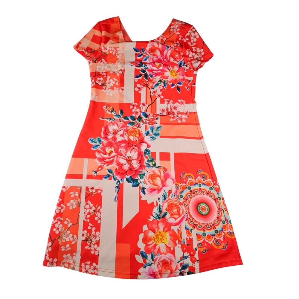 Blush Noir Floral Geometric Rhinestone A-Line Mini Dress Orange Red Lined Small
